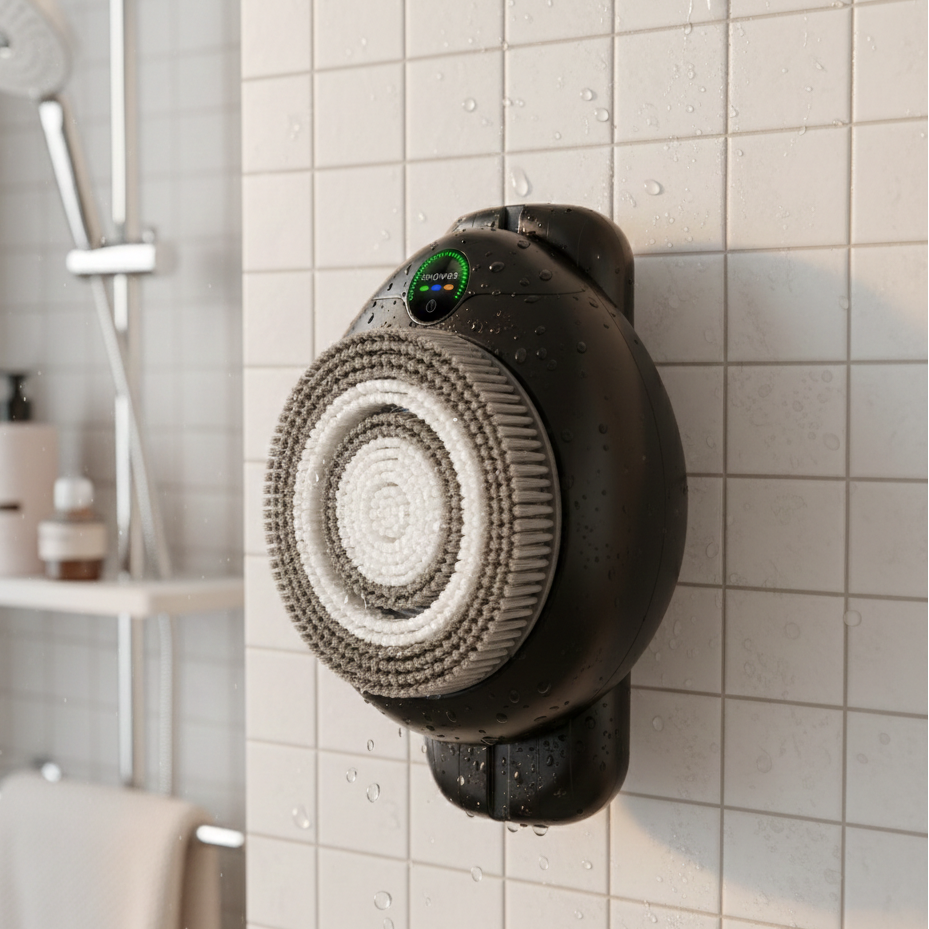Shower head with digital display on a tiled bathroom wall